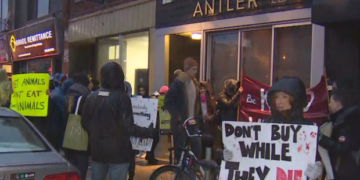 Vegan protesters return to restaurant where owner cut, ate deer meat in front of them