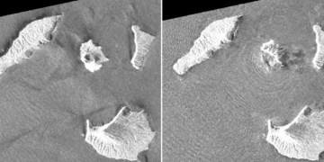 Satellite images show collapse of Indonesian island volcano