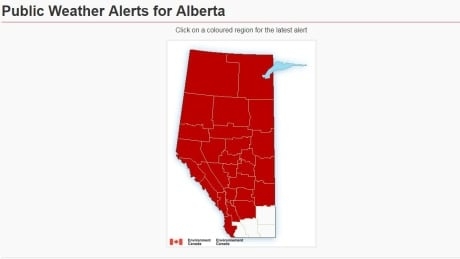 Wind chills of -45 C mean extreme cold warnings for almost all of Alberta